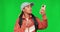 Phone, hiking and a woman with lost on green screen while frustrated with network or service. Serious female person with
