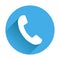 Phone icon in flat style. Vector illustration on round blue back