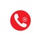 Phone icon, missed call sign, white on red background. Vector illustration.