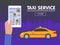 Phone with interface taxi on screen on background the city. Mobile app for booking service. Flat illustration for business,