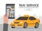 Phone with interface taxi on screen on background the city. Mobile app for booking service. Flat illustration for business,