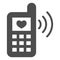 Phone and love message solid icon. Classic phone ringing with heart symbol, glyph style pictogram on white background