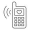 Phone and love message thin line icon. Classic phone ringing with heart symbol, outline style pictogram on white