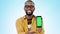 Phone mockup, green screen and black man with advertising, app design and ads isolated on blue background. Tracking