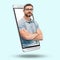 Phone pride, arms crossed and portrait of a man isolated on a white background in a studio. Communication, leadership