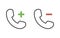 Phone related functions with minus and plus signs for remove, add, decrease, increase, withdraw feature. Vector thin line icon