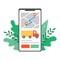 A phone screen with a truck call application surrounded by foliage. Mobile App at the choice of the best carrier and