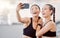 Phone selfie, laughing and fitness women live streaming workout, exercise or training in gym. Smile, happy or sports