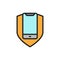 Phone with shield, smartphone protection flat color line icon.