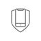 Phone with shield, smartphone protection line icon.