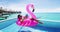 Phone - Travel vacation woman on inflatable Flamingo float mattress using app on mobile cell phone in swimming pool