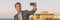 Phone using businessman taking selfie with mobile phone on travel business trip outside walking in city banner panorama