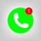 Phone vector icon with one missed call sign, white on green background for graphic design, logo, web site, social media, mobile