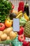 phone with white screen copy space in grocery shopping cart with fruits and vegetables