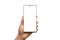 Phone in woman hand isolated display and background. Smart phone with thin edges, and big camera built into the display