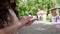 phone and woman in park for typing social