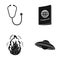 Phonendoscope, passport and other web icon in black style. flame, flying saucer icons in set collection.