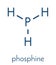 Phosphine phosphane, PH3 molecule. Used as reagent in chemistry and as fumigant in agriculture. Skeletal formula.