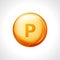 Phosphorus P 3d minerals vital vector vitamin gold icon. Vitamin P symbol nutrition design element