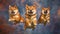 photo of 3 cute Shiba Inu dogs jumping to catch treats in the air on vibrant background. Generative AI