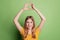 Photo of adorable affectionate romantic lady show heart gesture wear yellow t-shirt on green background