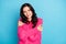 Photo of adorable calm young lady hug herself comfort wear pink sweater isolated on blue color background