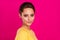 Photo of adorable charming young lady wear yellow jumper smiling empty space isolated pink color background