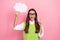 Photo of adorable clever smart lady hold white paper card brilliant excellent conclusion  on pink color