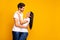 Photo of adorable pair slow dancing at prom night party looking eyes wear casual outfit isolated yellow color background