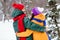 Photo of adorable sweet girlfriend boyfriend dressed vests smiling hugging looking each other enjoying walking snow