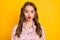 Photo of adorable wavy hairdo person closed eyes kiss lips heart print clothing  on yellow color background