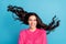 Photo of adorable young lady toothy smile wind blow hair look camera isolated on blue color background