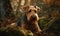 photo of Airedale terrier outdoors in the forest. Generative AI