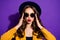 Photo of amazing fashionable lady wear stylish hat yellow costume isolated purple background