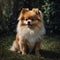 A photo of an amazingly cute, funny and charming pomeranian against a background of green vegetation.