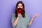 Photo of angry nervous lady executive screaming loudspeaker firing workers  on purple color background