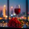 Photo Anniversary elegance red wine glasses, red roses, colorful city lights