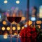 Photo Anniversary elegance red wine glasses, red roses, colorful city lights