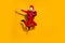 Photo of anonymous entertainer guy jump make dub wear cock polygonal mask red tux isolated yellow color background