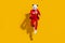 Photo of anonymous panda guy jump run look watch late wear mask red tux shoes isolated on yellow color background