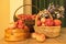Photo with apples in baskets, apple basket group, autumn