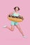 Photo artwork minimal collage of funny funky lady jumping wear huge donut buoy isolated orange background