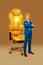 Photo artwork minimal collage of serious guy sparking tiara standing arms folded big huge office chair isolated brown