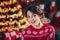 Photo of astonished funky lady brown bob hair excited wear red print warm sweater merry christmas magic santa claus