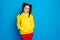 Photo of attractive amazing lady funny two tails hairdo toothy beaming smiling good mood wear casual yellow sweatshirt