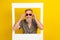 Photo of attractive grandpa touch sunglass social media photo dressed stylish leopard print outfit isolated on yellow