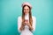 Photo of attractive lady hold telephone hands reading new post instagram likes wear specs modern pink beret cap white