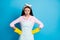 Photo of attractive lady house wife maid latex gloves on hands general spring cleaning crazy bad mood dirty messy flat