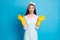Photo of attractive lady house wife maid latex gloves on hands general spring cleaning good mood overjoyed tidy