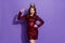 Photo of attractive lady prom queen status golden crown direct finger head excited mood wear sequins burgundy mini dress